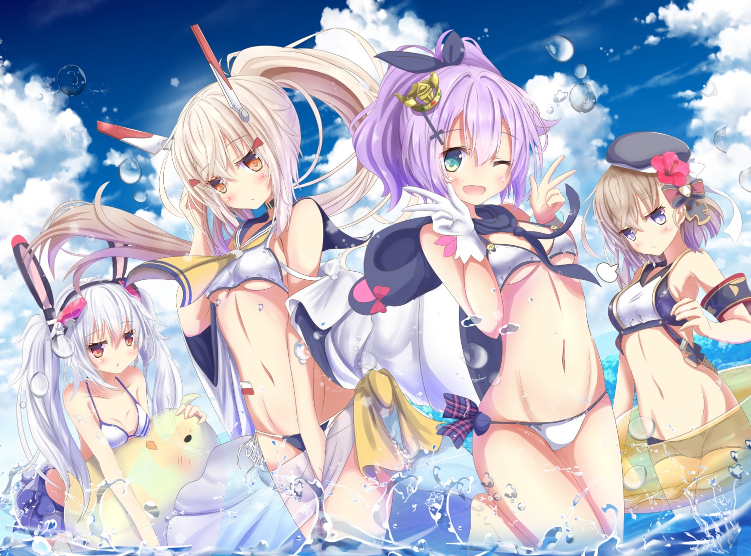 animal_ears aruka_(alka_p1) ayanami_(azur_lane) azur_lane bikini bunny_ears cleavage javelin_(azur_lane) laffey_(azur_lane) manjuu_(azur_lane) see_through swimsuits underboob wet z23_(azur_lane)