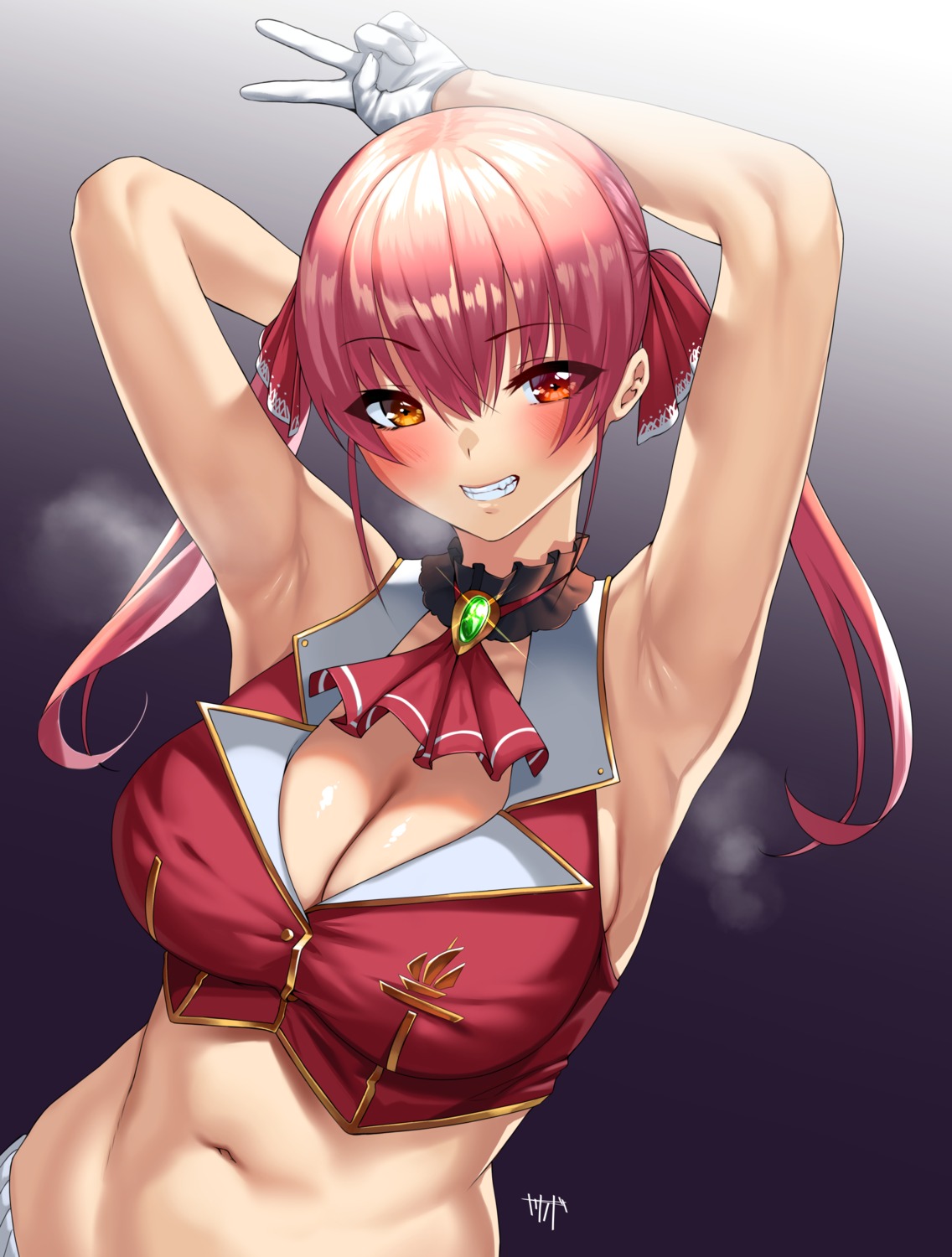 cleavage heterochromia hololive houshou_marine kisaragi_tsurugi no_bra