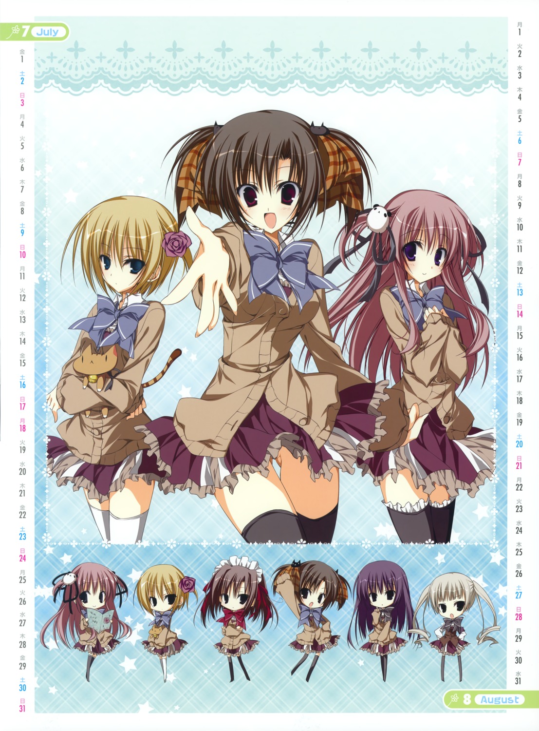 calendar chibi ebiten hiromatsu_rikei inugami_kira iseda_yuka kanamori_hakata neko nopan ooba_hasumi seifuku thighhighs todayama_izumiko todayama_kyouko