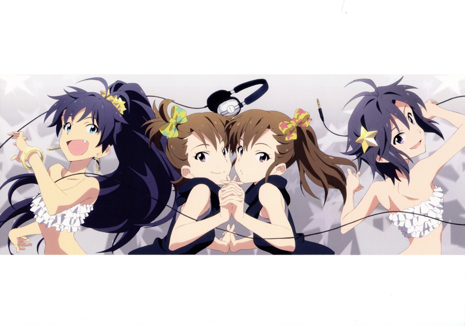 bikini_top futami_ami futami_mami ganaha_hibiki headphones kikuchi_makoto swimsuits tanaka_yuusuke the_idolm@ster