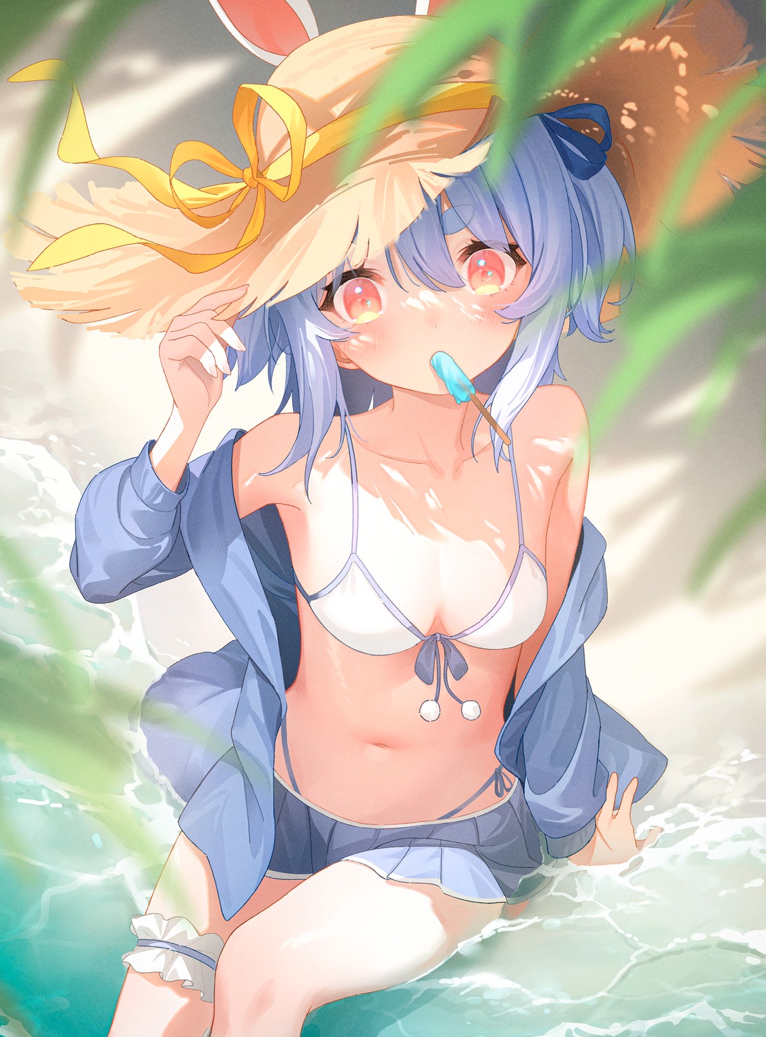 animal_ears bikini bunny_ears garter hololive open_shirt ruien swimsuits usada_pekora wet