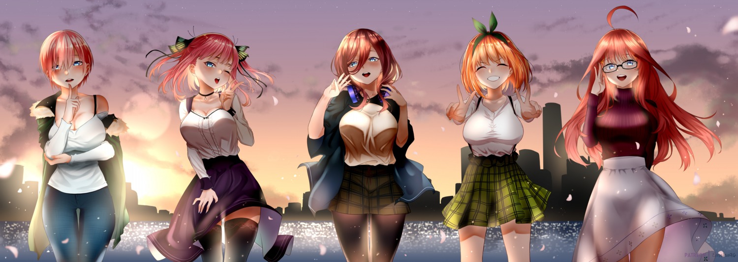 5-toubun_no_hanayome breast_hold cleavage headphones megane nakano_ichika nakano_itsuki nakano_miku nakano_nino nakano_yotsuba pantyhose see_through seifuku skirt_lift sweater thighhighs zasshu_tamashii