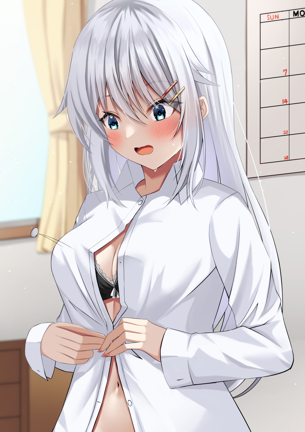 bra chiyama_miiro dress_shirt open_shirt undressing wardrobe_malfunction