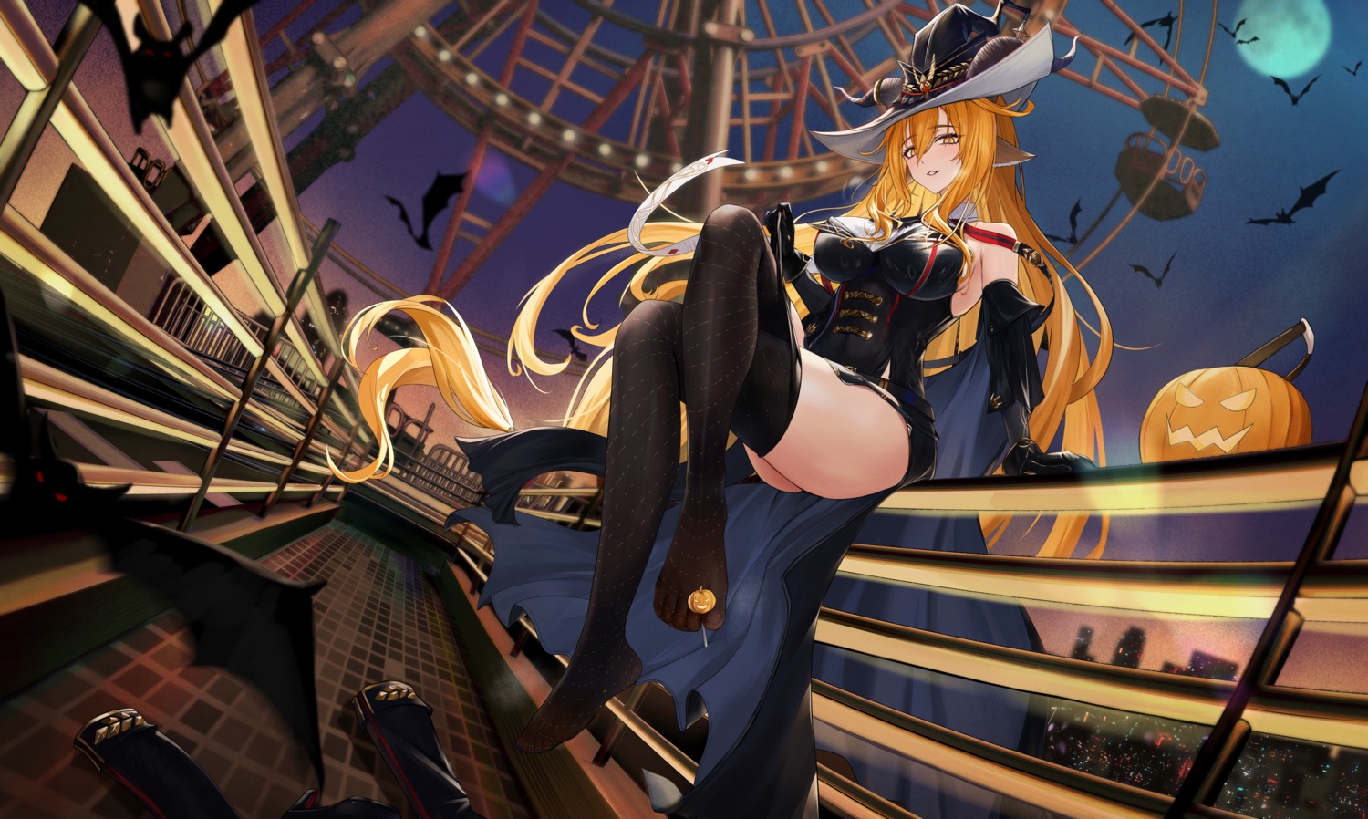 animal_ears arknights degenbrecher_(arknights) halloween horns pantyhose see_through skirt_lift undressing zayur