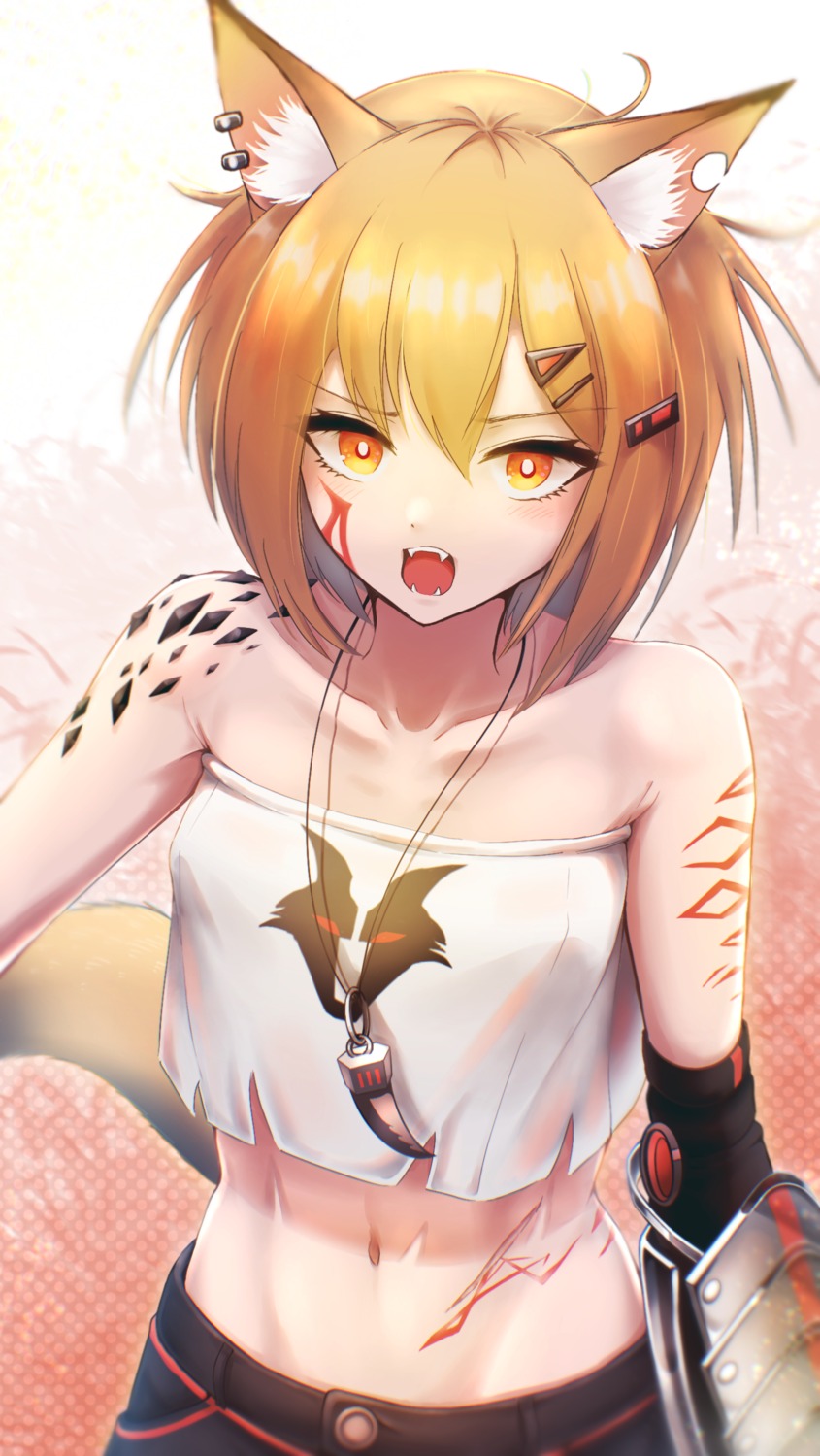 3_(sanyako1) animal_ears arknights tattoo torn_clothes vermeil_(arknights)