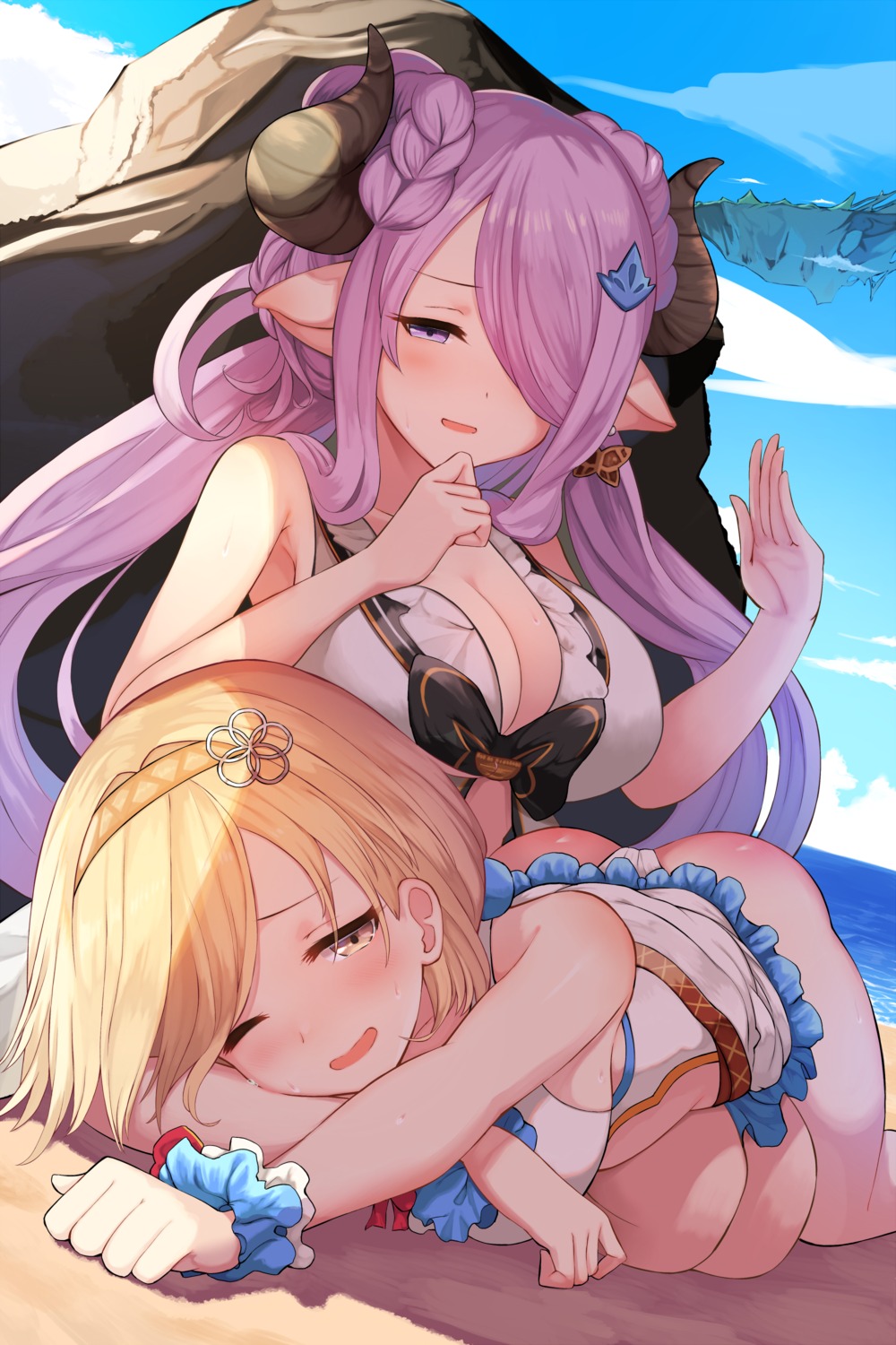 djeeta_(granblue_fantasy) granblue_fantasy horns narumeia_(granblue_fantasy) pointy_ears swimsuits yamato_(muchuu_paradigm) yuri