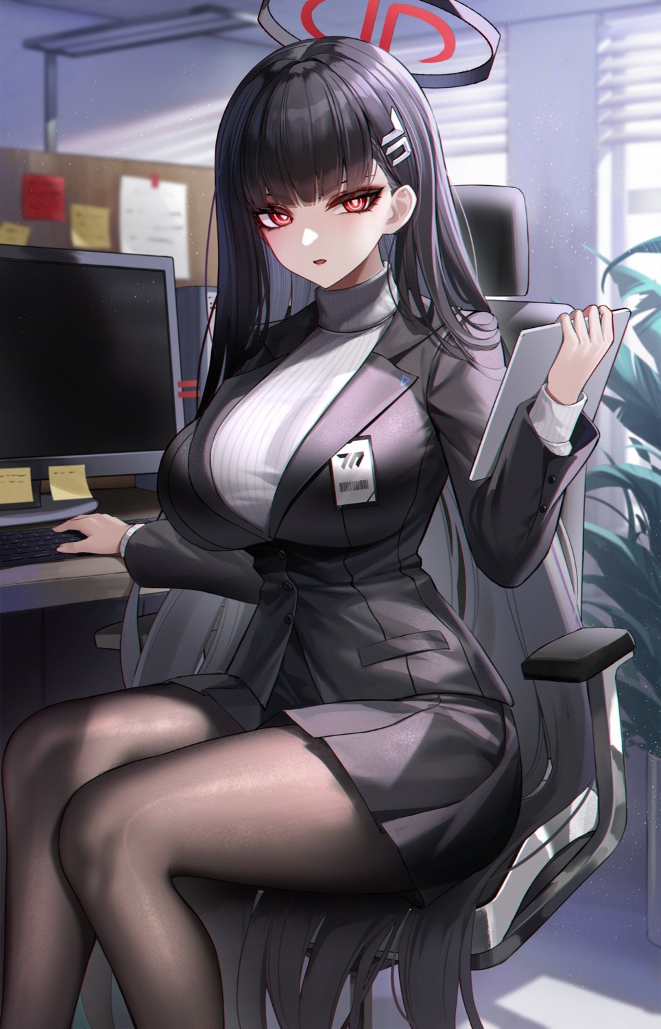 blue_archive business_suit eternity_(shadeh) halo pantyhose sweater tsukatsuki_rio