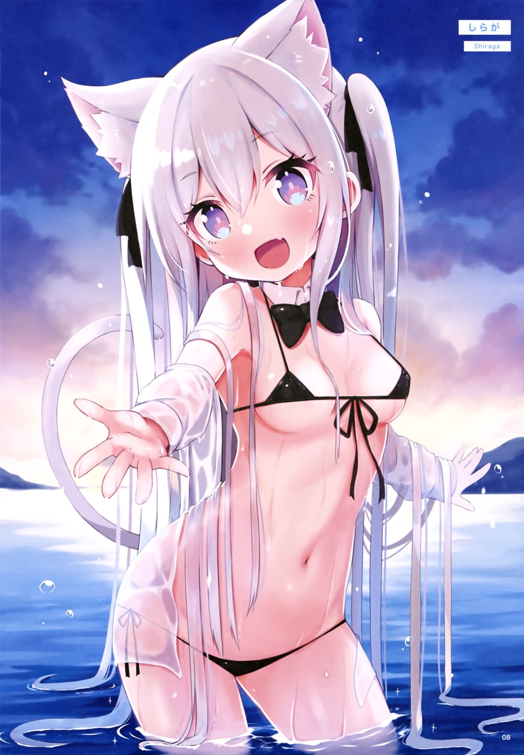 animal_ears bikini nekomimi see_through siragagaga swimsuits tail wet wet_clothes