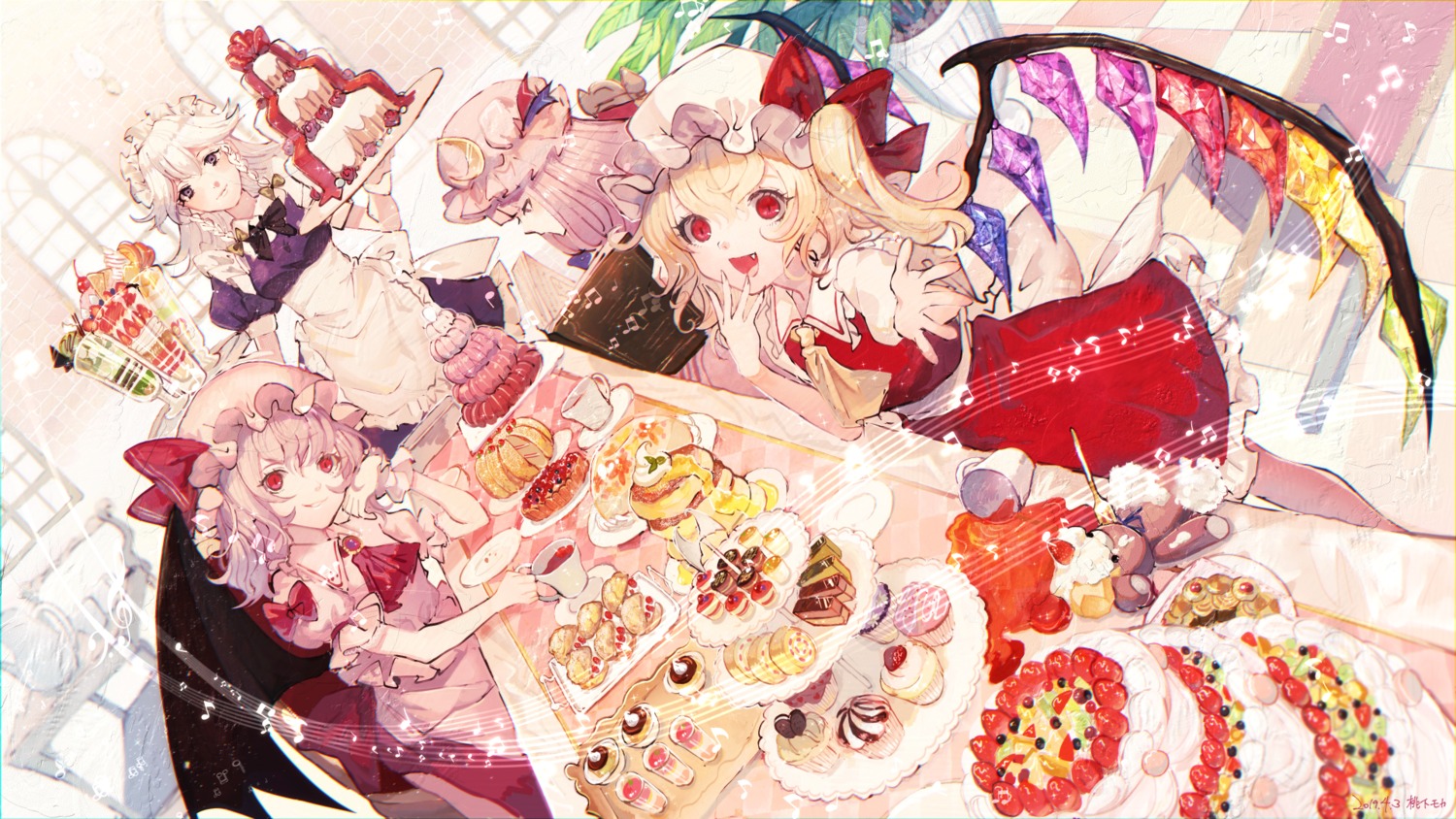 flandre_scarlet izayoi_sakuya maid mochacot patchouli_knowledge remilia_scarlet touhou wallpaper wings