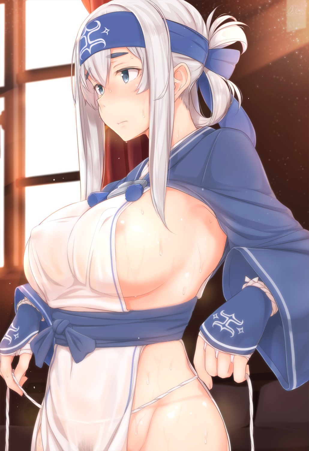 areola erect_nipples fundoshi kamoi_(kancolle) kantai_collection no_bra osterei pubic_hair see_through undressing wet_clothes