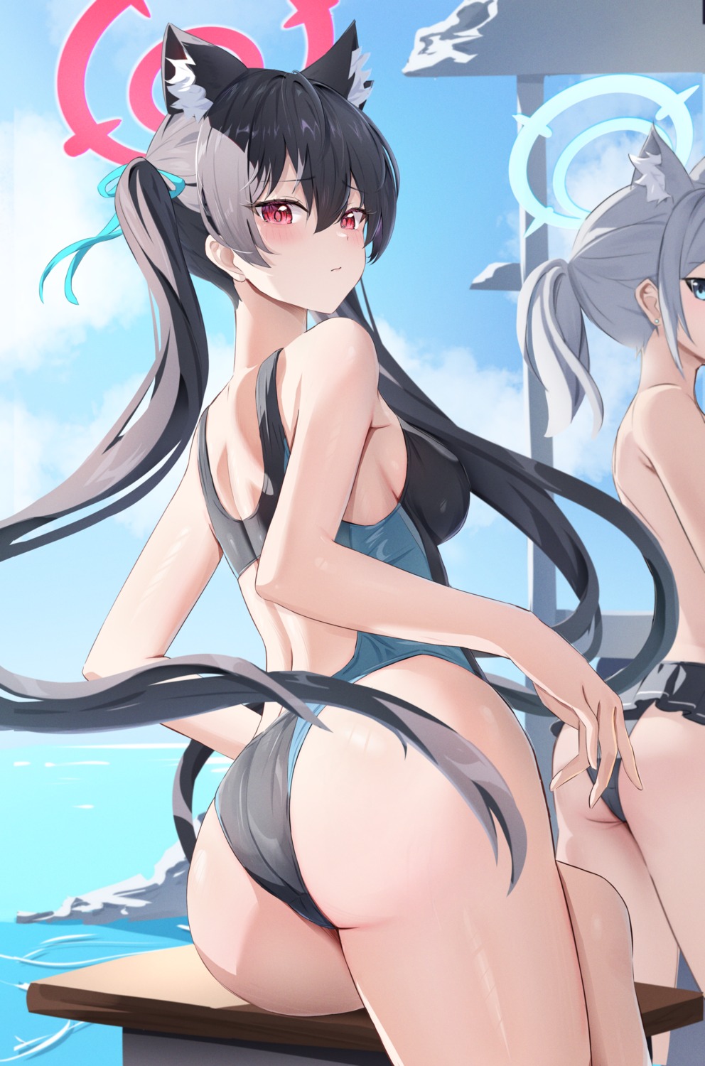 animal_ears ass bikini blue_archive halo kuromi_serika nekomimi pharmarr sunaookami_shiroko swimsuits topless