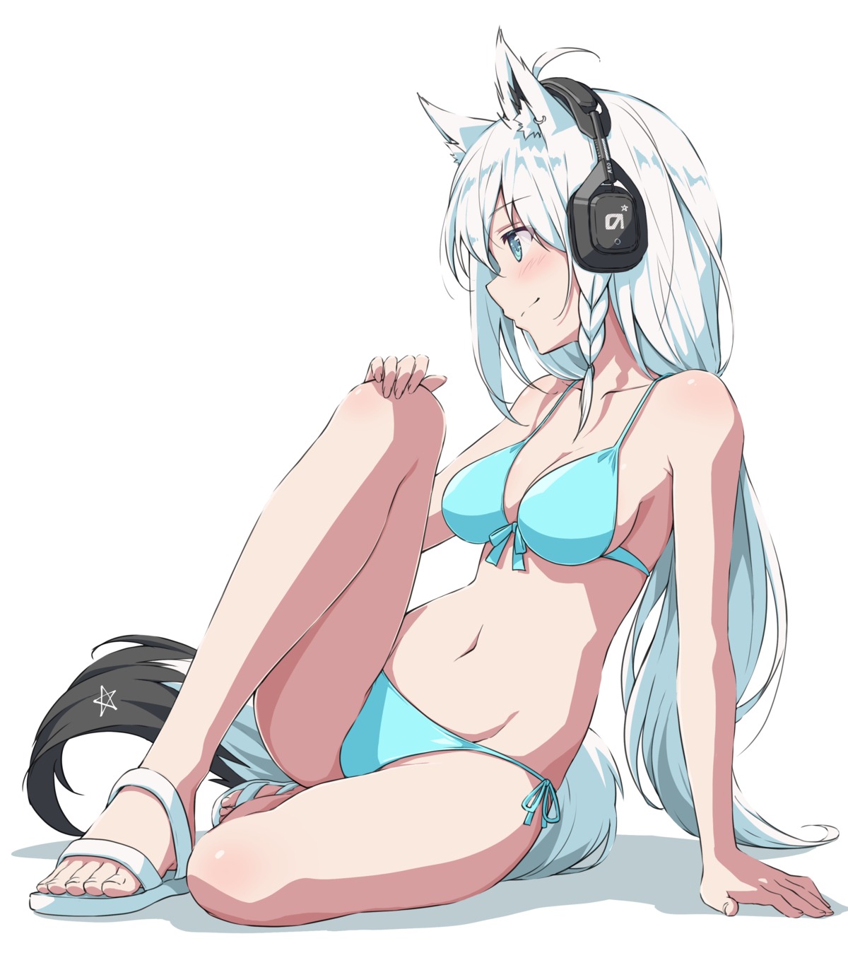 animal_ears asanaya bikini cleavage headphones hololive hololive_gamers kitsune shirakami_fubuki swimsuits tail