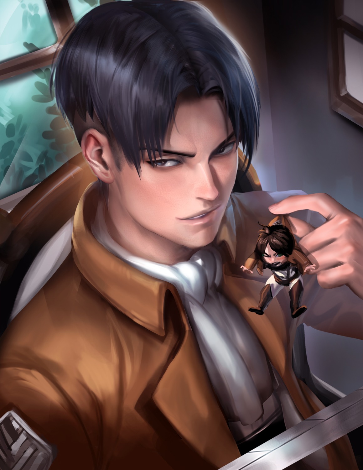 chibi eren_jaeger levi male sakimichan shingeki_no_kyojin sword