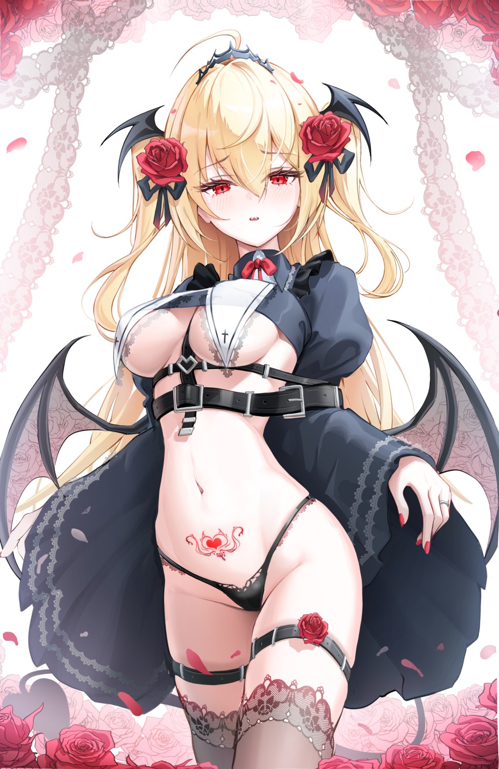 bella_(kira78718520) devil garter kira_(kira78718520) no_bra pantsu see_through tail tattoo thighhighs thong wings