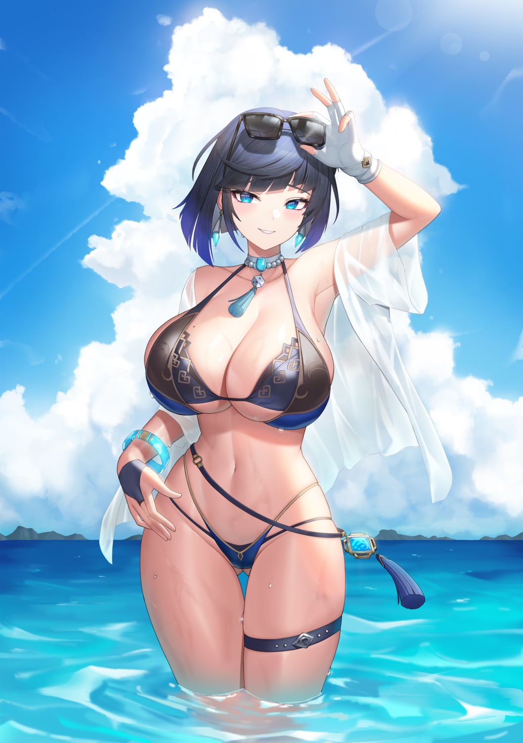 bikini garter genshin_impact megane morung open_shirt see_through swimsuits wet yelan