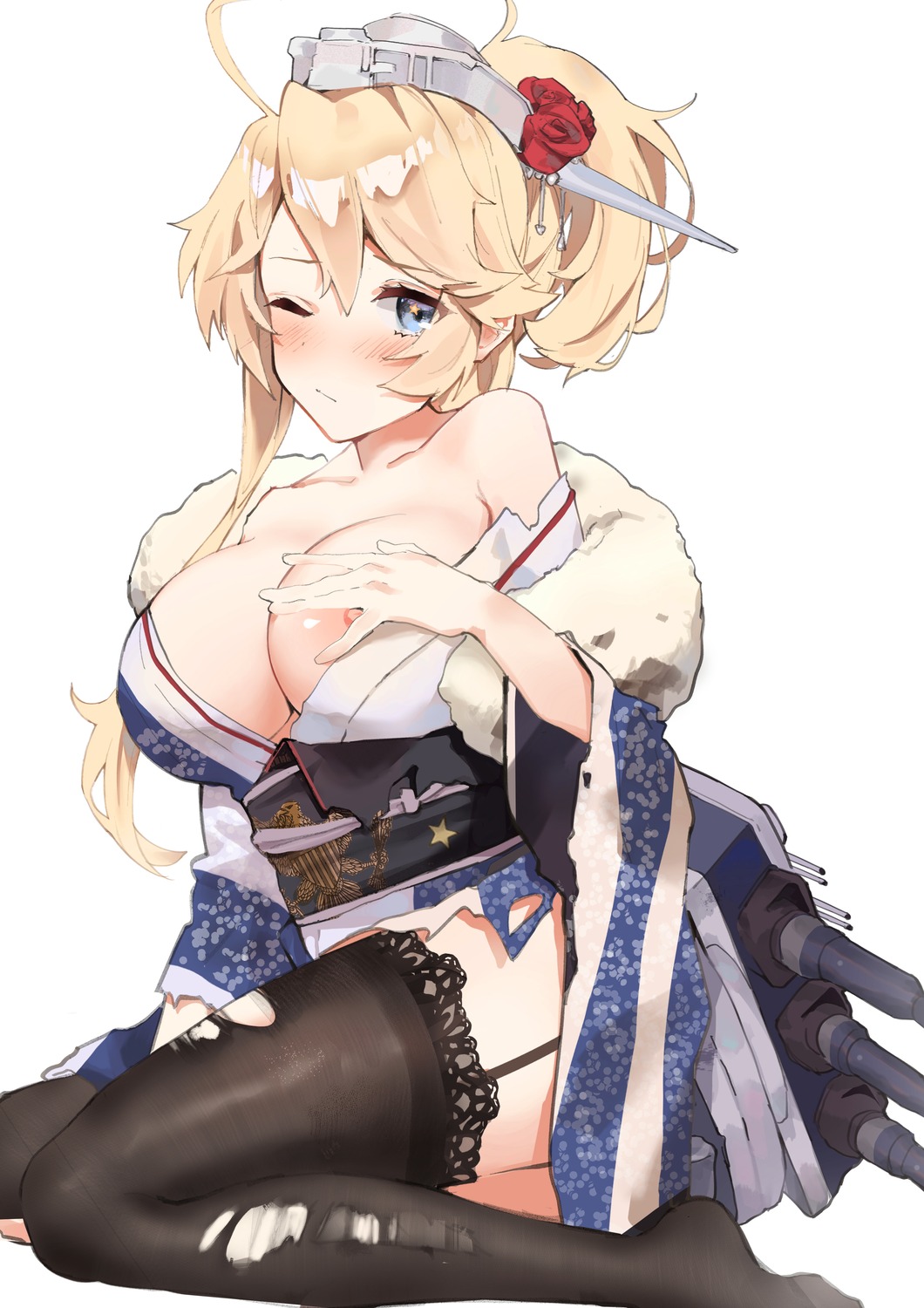 breast_hold fang_qiao iowa_(kancolle) kantai_collection kimono nipple_slip no_bra open_shirt skirt_lift stockings thighhighs torn_clothes