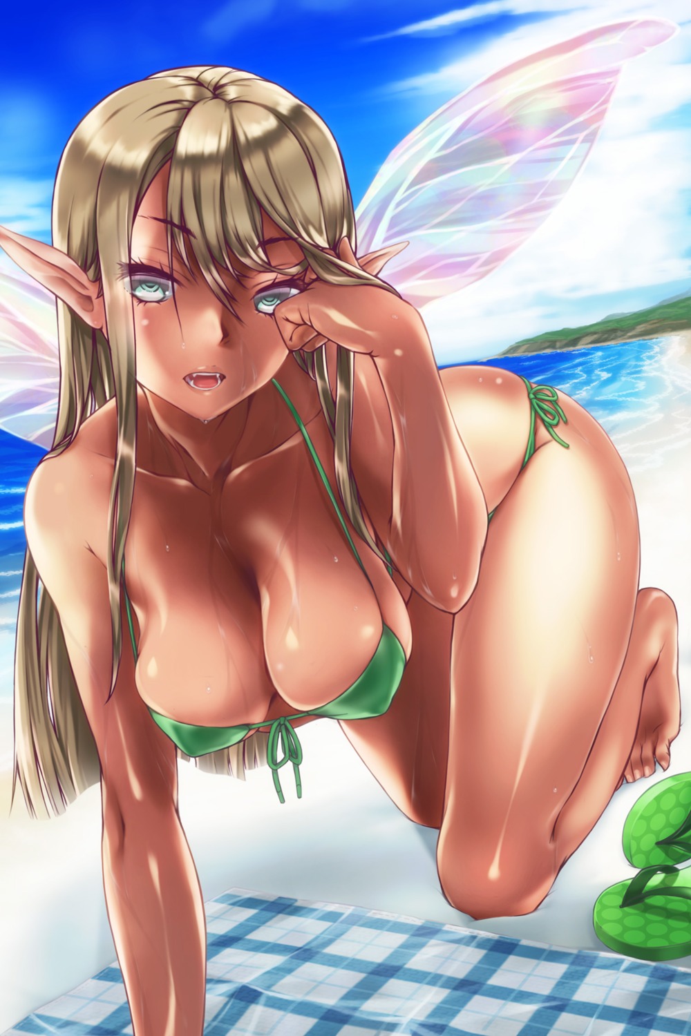 bikini cleavage elf erect_nipples pointy_ears shirutsu swimsuits wet wings