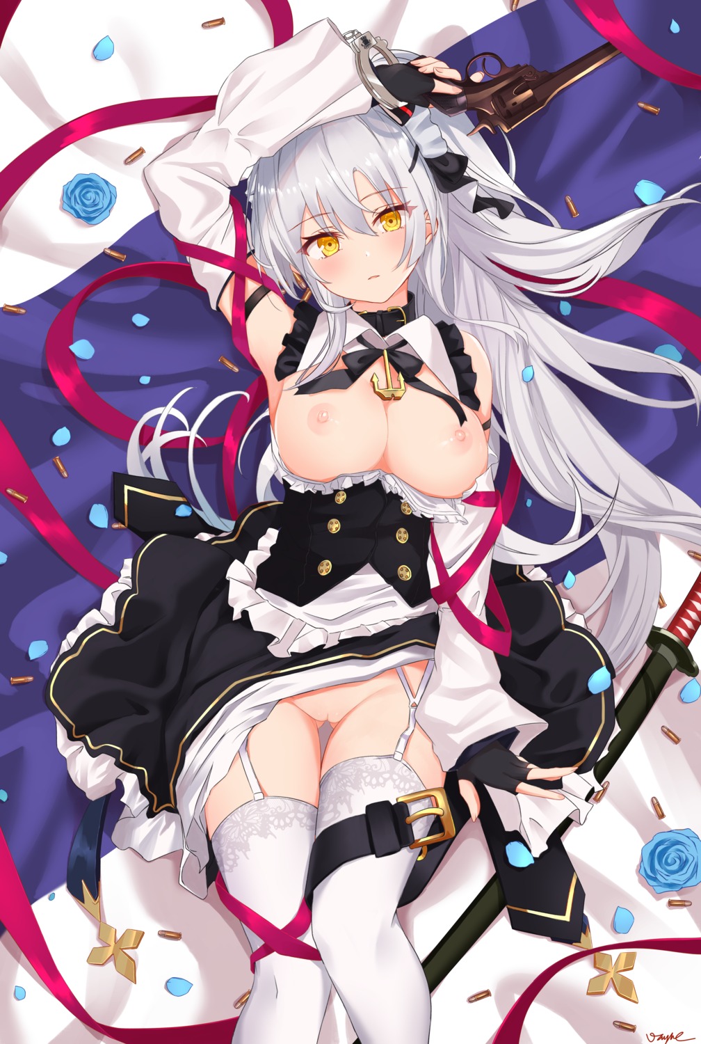 azur_lane breasts drake_(azur_lane) garter gun maid nipples no_bra nopan pussy skirt_lift stockings sword thighhighs uncensored undressing vayneeeee