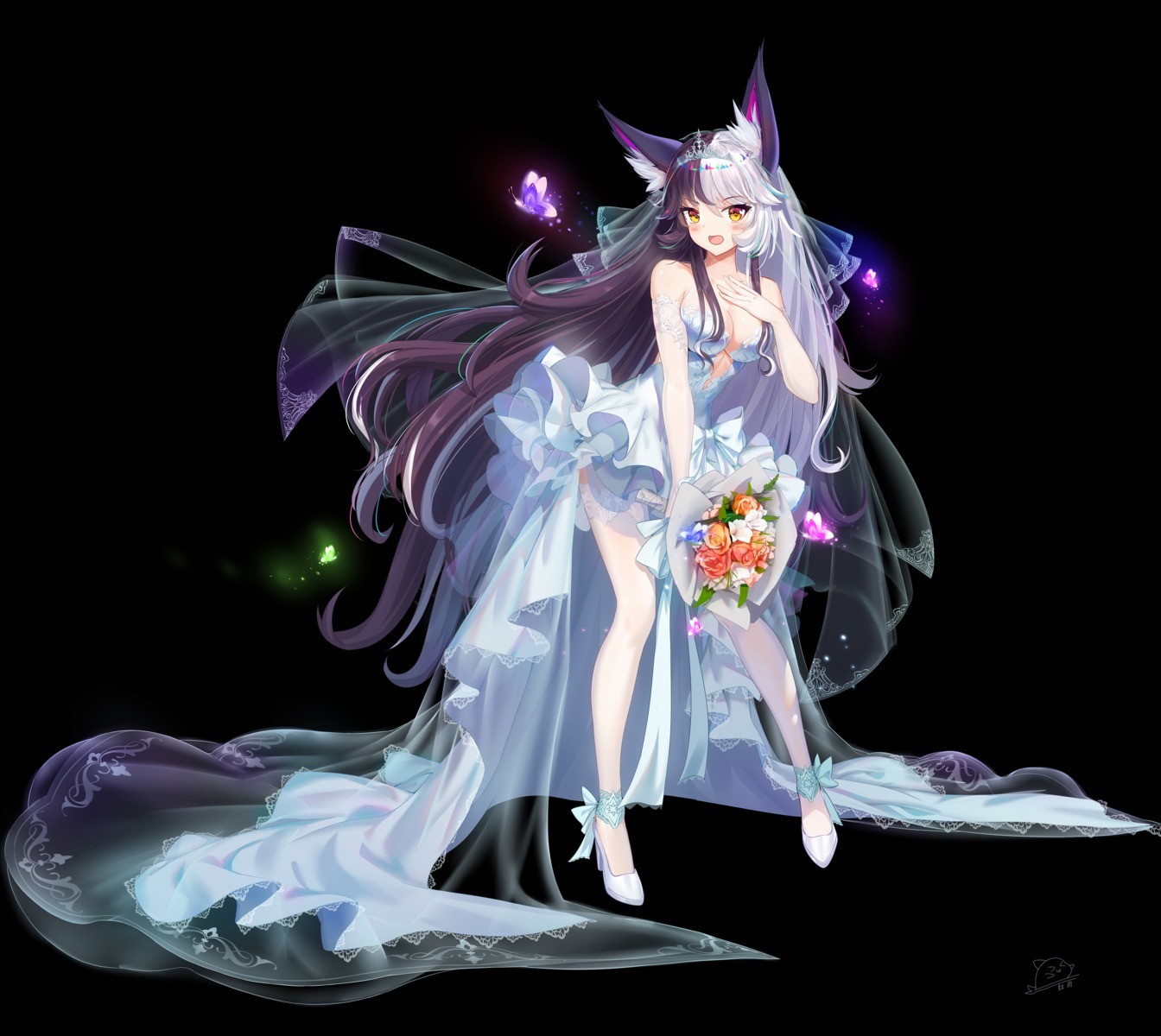 animal_ears cleavage dress heels hong_bai no_bra thighhighs wedding_dress