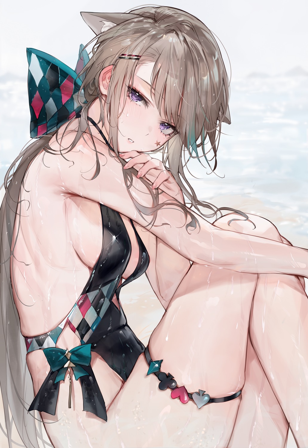 animal_ears garter genshin_impact lynette_(genshin_impact) nekomimi qiandaiyiyu swimsuits tattoo wet