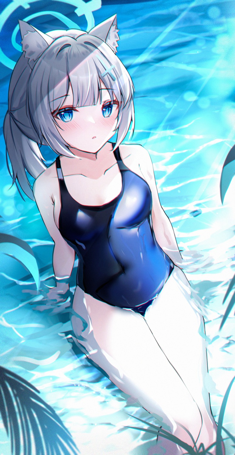 animal_ears blue_archive halo nekomimi sunaookami_shiroko swimsuits usagi_(786113654) wet