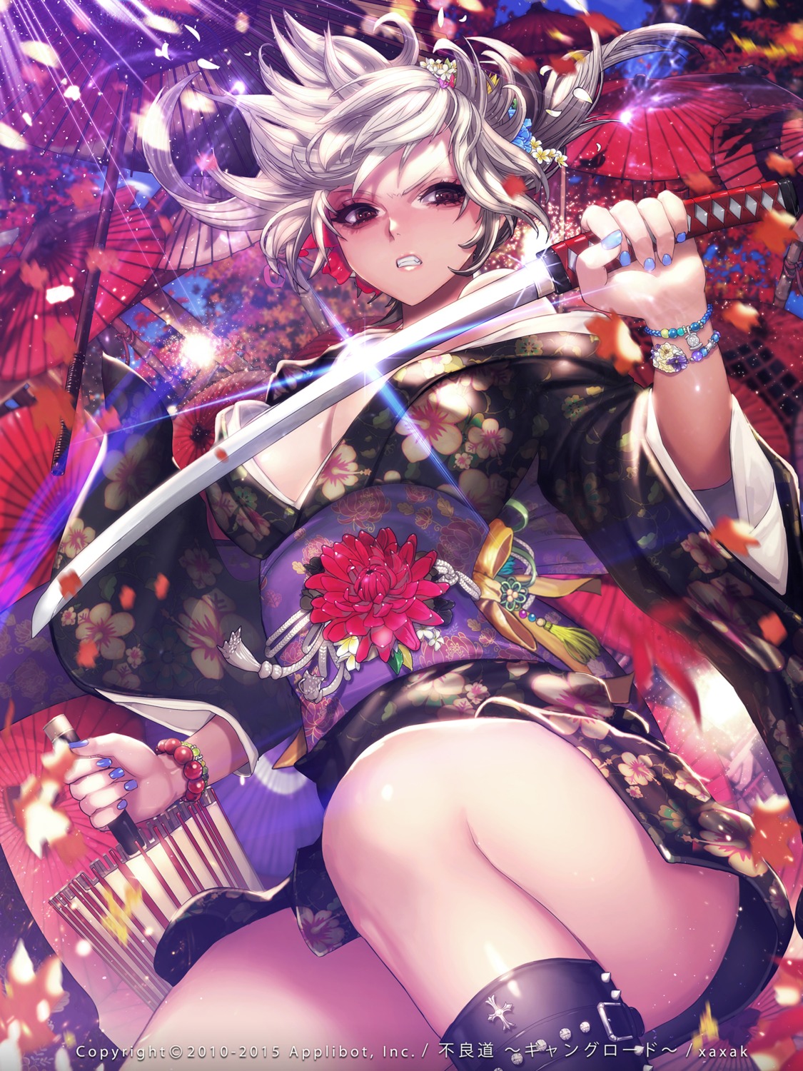 cleavage furyou_michi_~gang_road~ kimono no_bra open_shirt sword xaxak