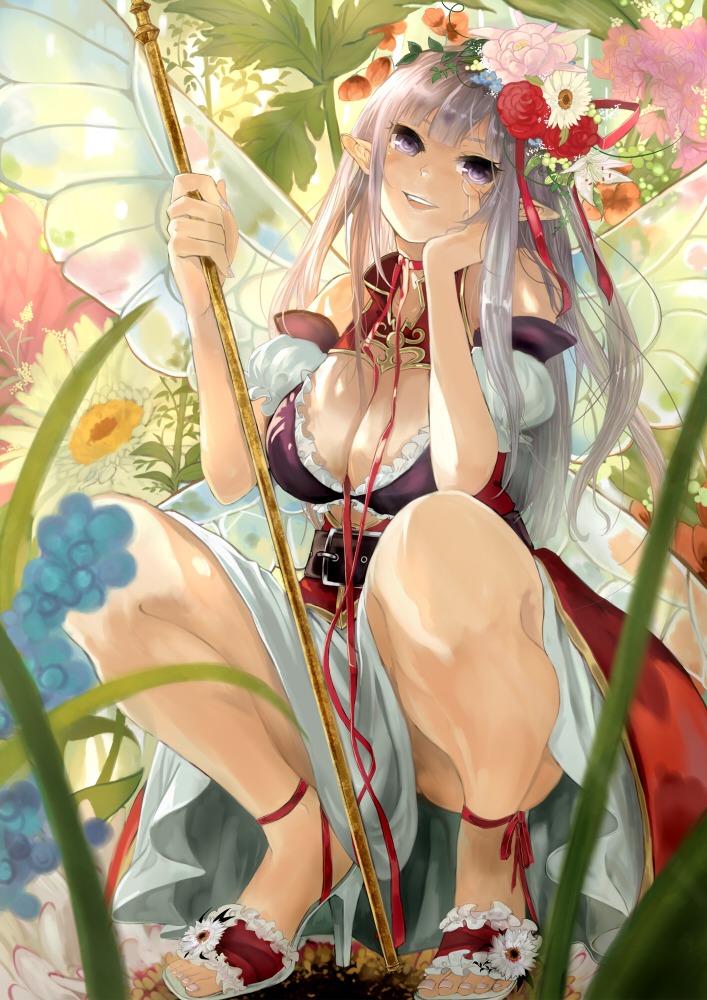 cleavage elf nopan pisuke pointy_ears