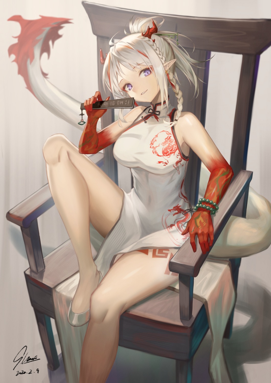 arknights chinadress horns nian_(arknights) pointy_ears skirt_lift soyogi_iori tail tattoo