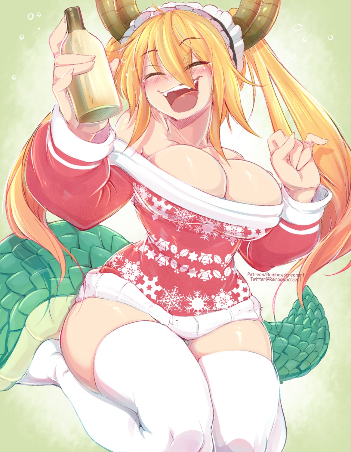 breasts christmas horns kobayashi-san_chi_no_maidragon monster_girl no_bra rainbowscreen tail thighhighs tooru_(maidragon)