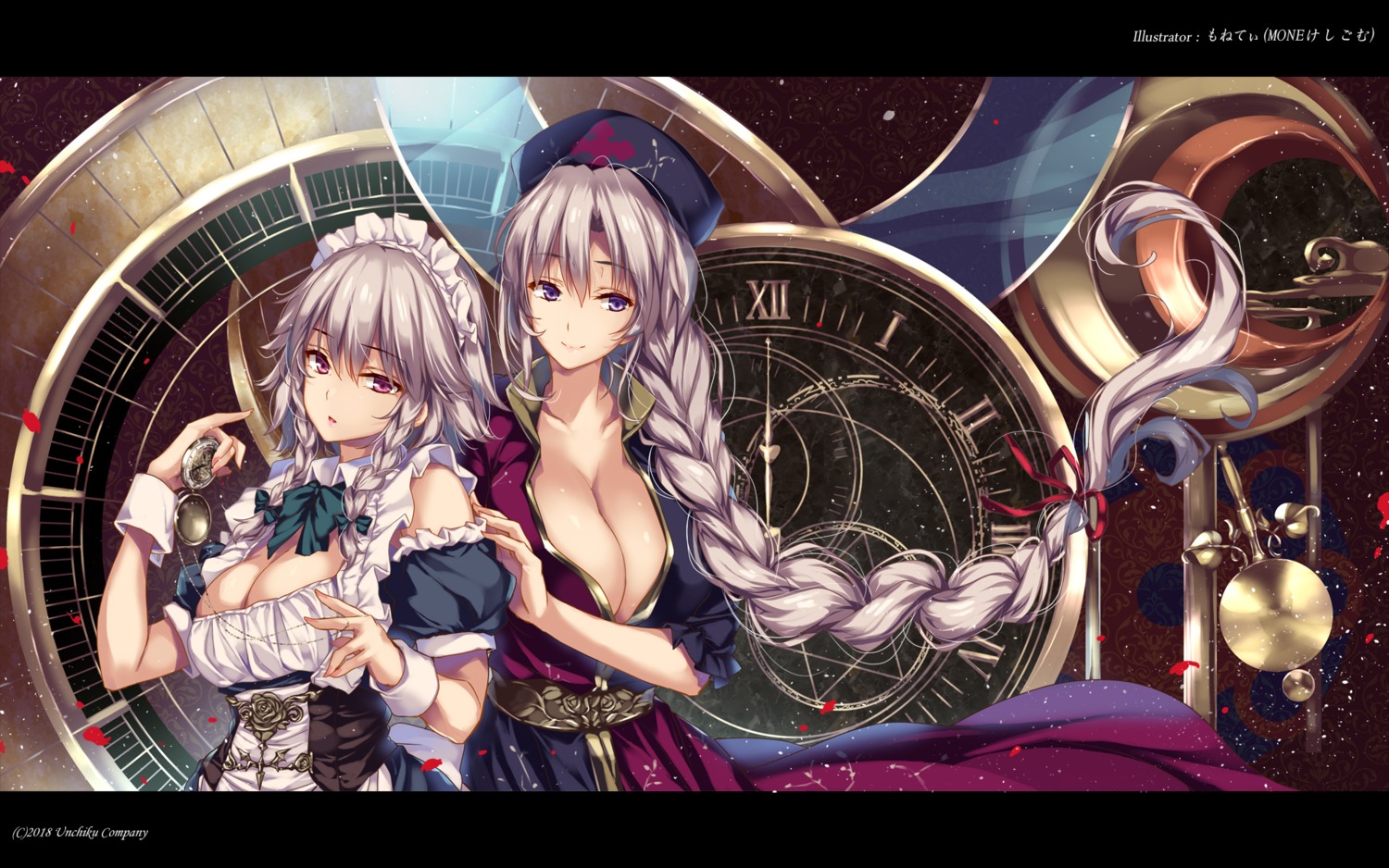 cleavage izayoi_sakuya maid monety no_bra open_shirt touhou wallpaper yagokoro_eirin