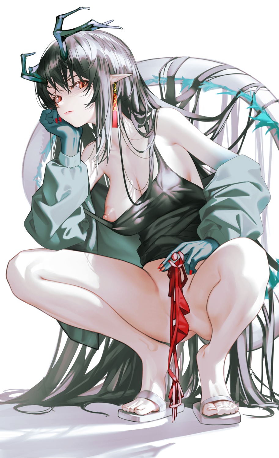 arknights bottomless dusk_(arknights) erect_nipples horns iumu nipples no_bra pointy_ears tail