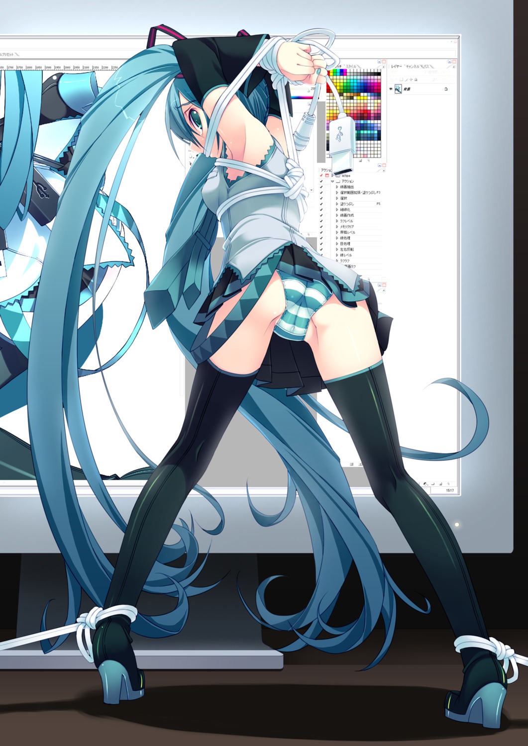 ass bondage cameltoe hatsune_miku heels murakami_suigun pantsu shimapan thighhighs vocaloid