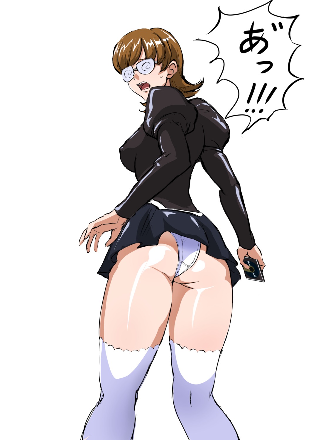 agent_aika aika_(series) ass black_delmo erect_nipples glasses_delmo mamesi_(suhk8583) megane pantsu sketch skirt_lift thighhighs thong uniform