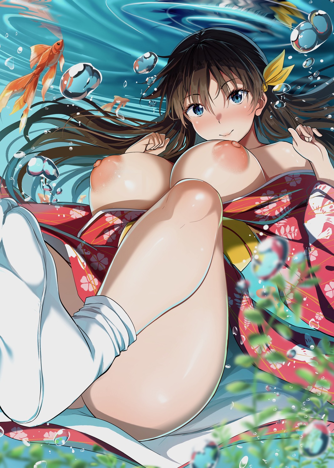 breasts kimono nicoby nipples no_bra open_shirt skirt_lift wet