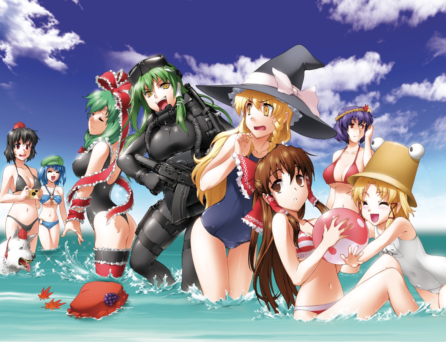 bikini bodysuit byeontae_jagga cleavage gun hakurei_reimu jpeg_artifacts kagiyama_hina kawashiro_nitori kirisame_marisa kochiya_sanae moriya_suwako school_swimsuit shameimaru_aya swimsuits thighhighs touhou yasaka_kanako