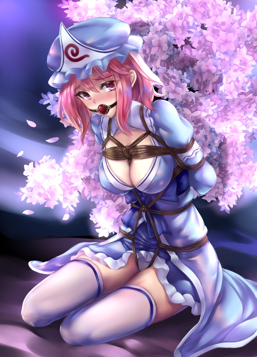 bondage erect_nipples lanse_dai_mao no_bra pantsu saigyouji_yuyuko skirt_lift thighhighs touhou