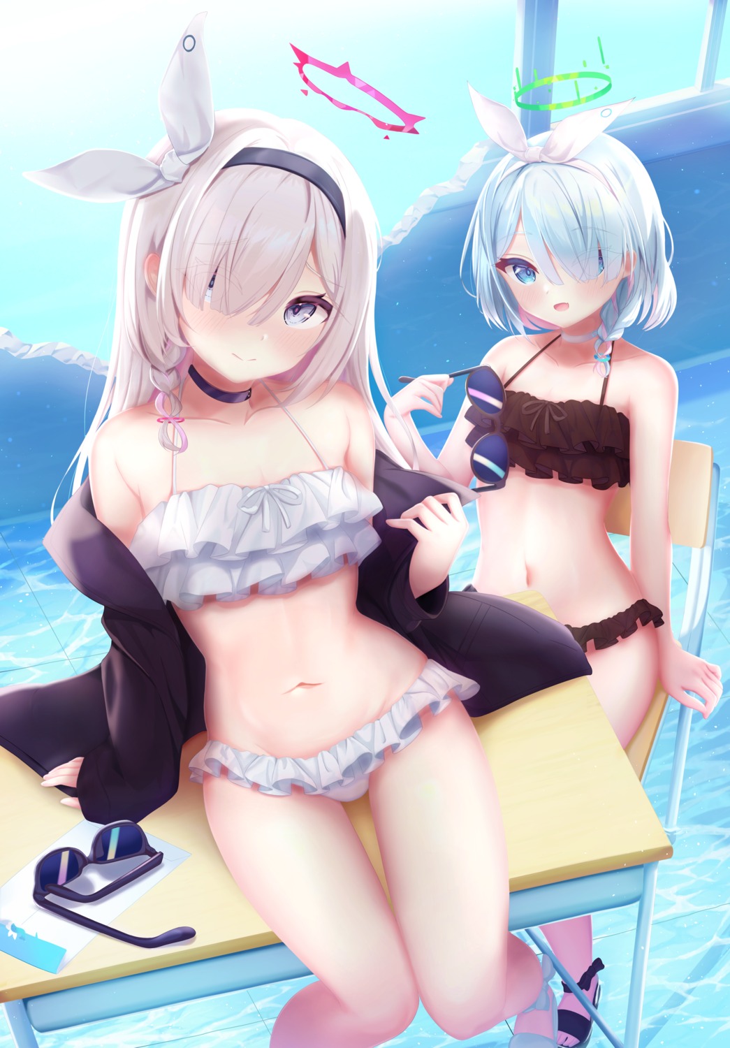 arashiomoto arona_(blue_archive) bikini blue_archive halo megane open_shirt plana_(blue_archive) swimsuits undressing