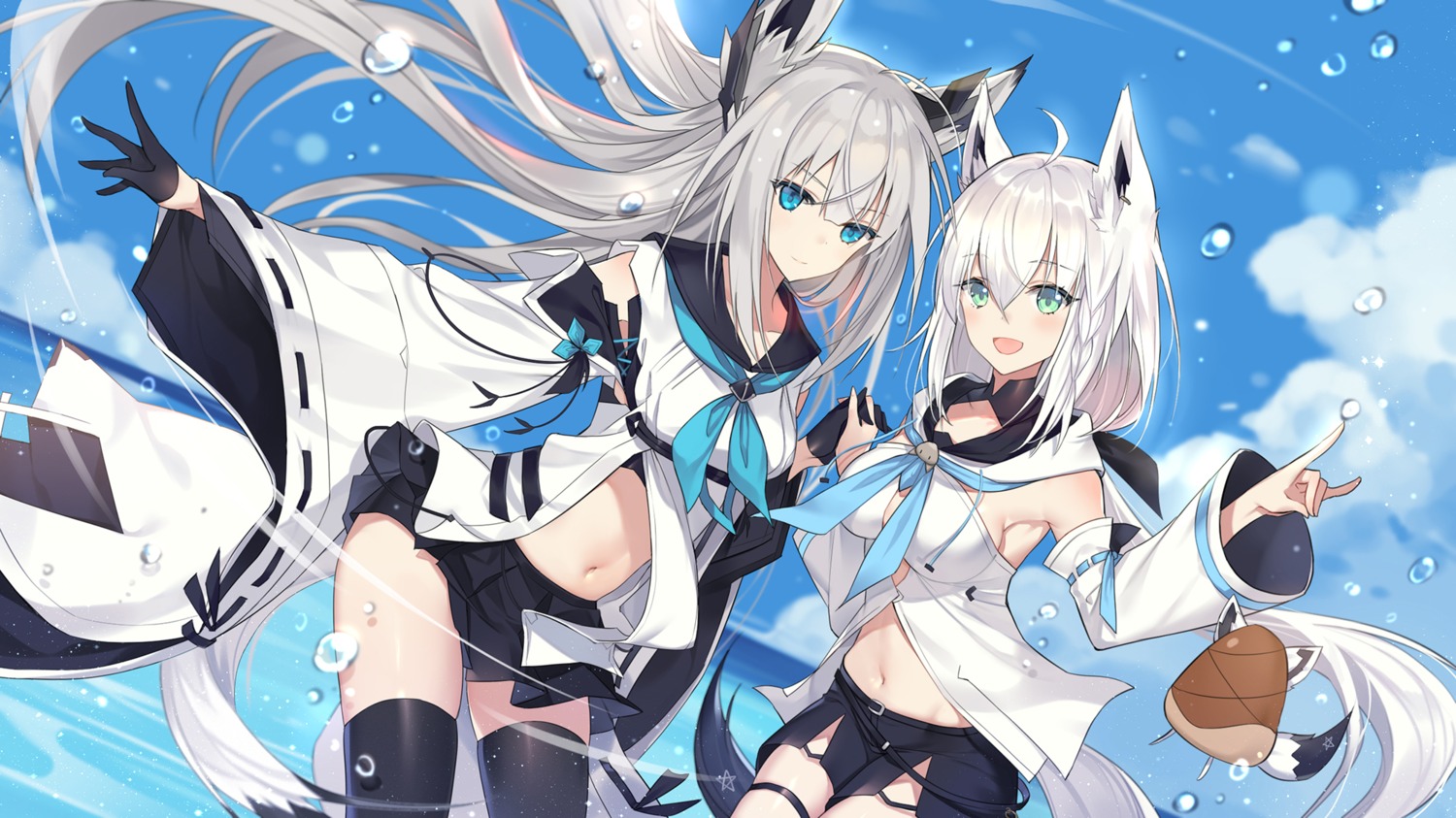 animal_ears azur_lane catsizuru crossover garter hololive hololive_gamers kawakaze_(azur_lane) kitsune shirakami_fubuki skirt_lift tail thighhighs