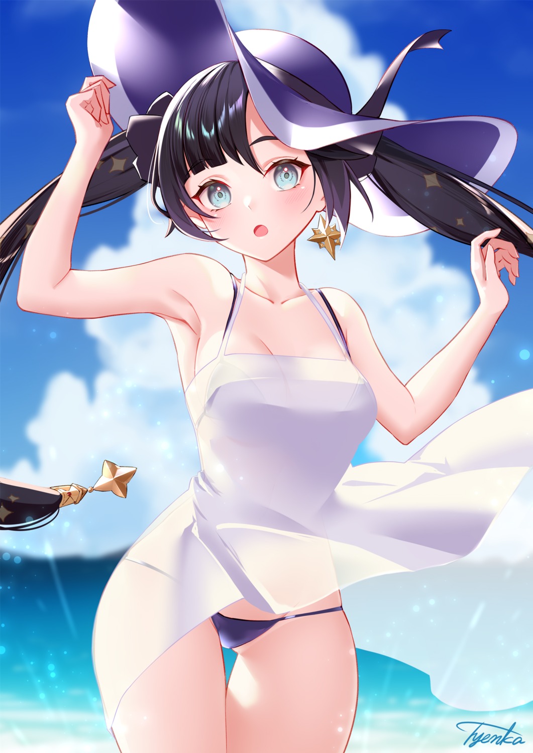 bikini dress genshin_impact mona_megistus see_through skirt_lift summer_dress swimsuits tyenka7728