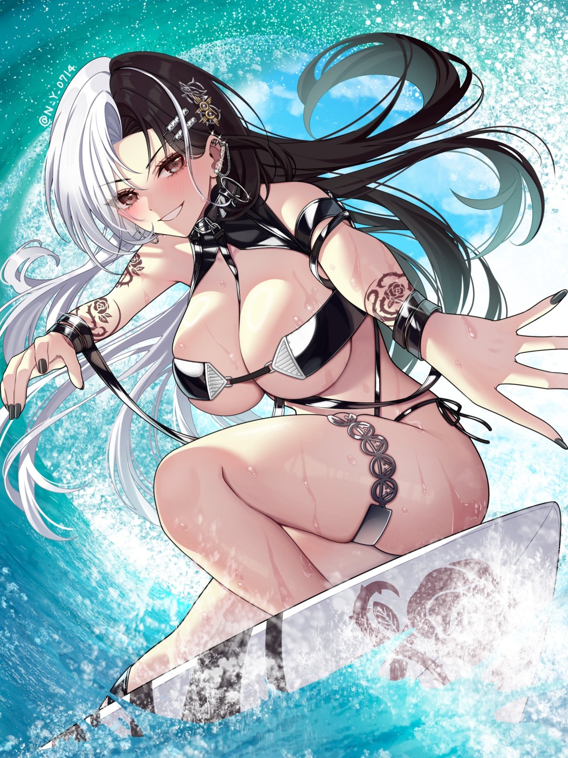 bikini garter nikke_the_goddess_of_victory rosanna_(nikke) swimsuits tattoo wet yazuki_(n_y_0714)