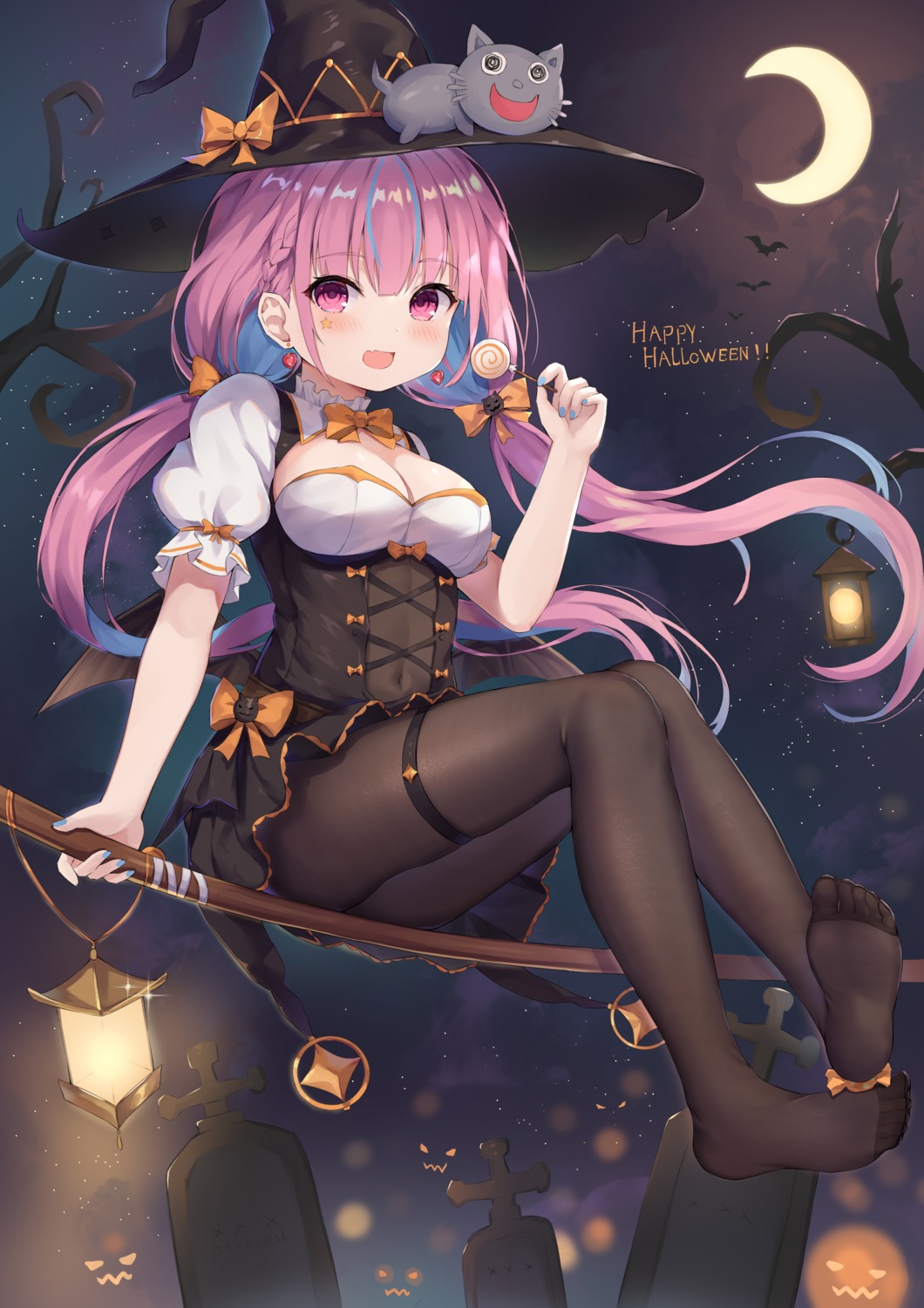 cleavage garter halloween hololive kizuna minato_aqua neko pantyhose skirt_lift thighhighs witch