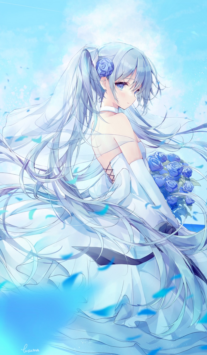 dress fusuma_(ramunezake) hatsune_miku no_bra vocaloid wedding_dress