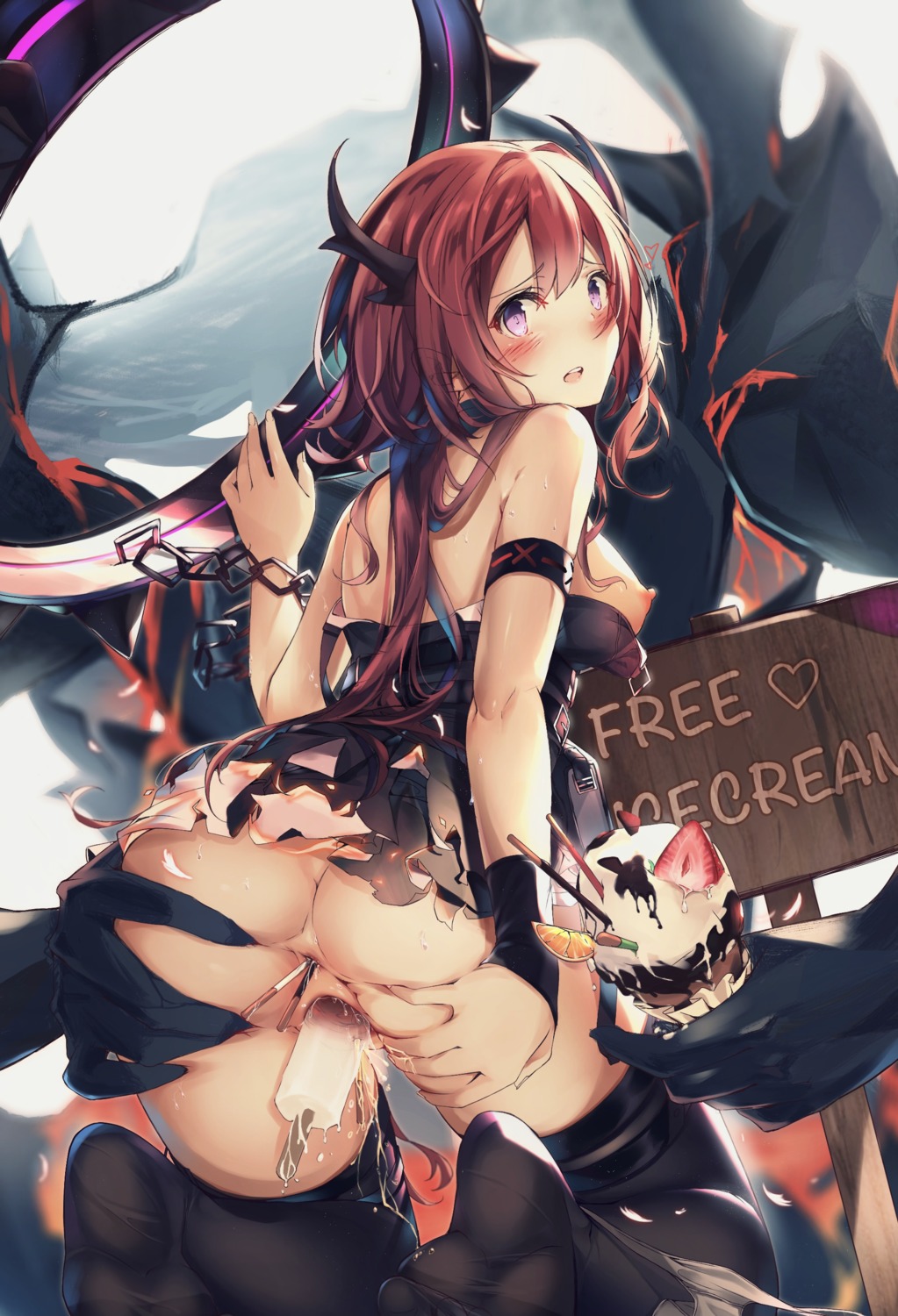 anal anus arknights ass ass_grab breasts cream feet heaven's_melody horns nipples no_bra nopan pussy pussy_juice skirt_lift surtr_(arknights) thighhighs uncensored