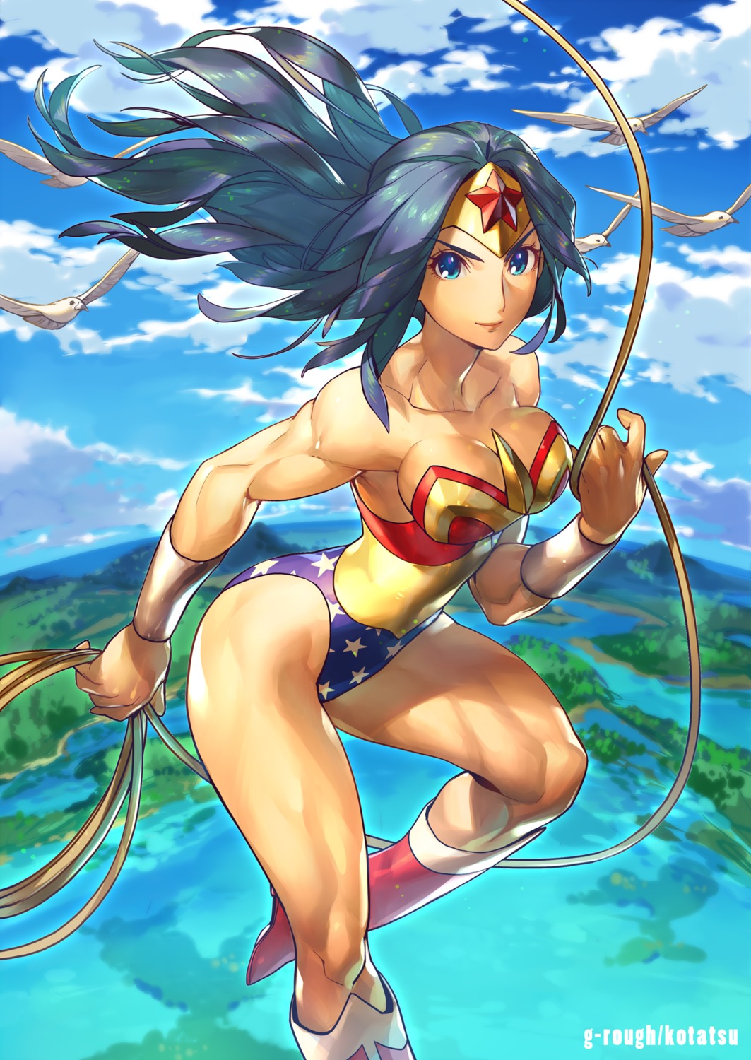 cleavage dc_comics kotatsu_(g-rough) leotard weapon wonder_woman wonder_woman_(character)