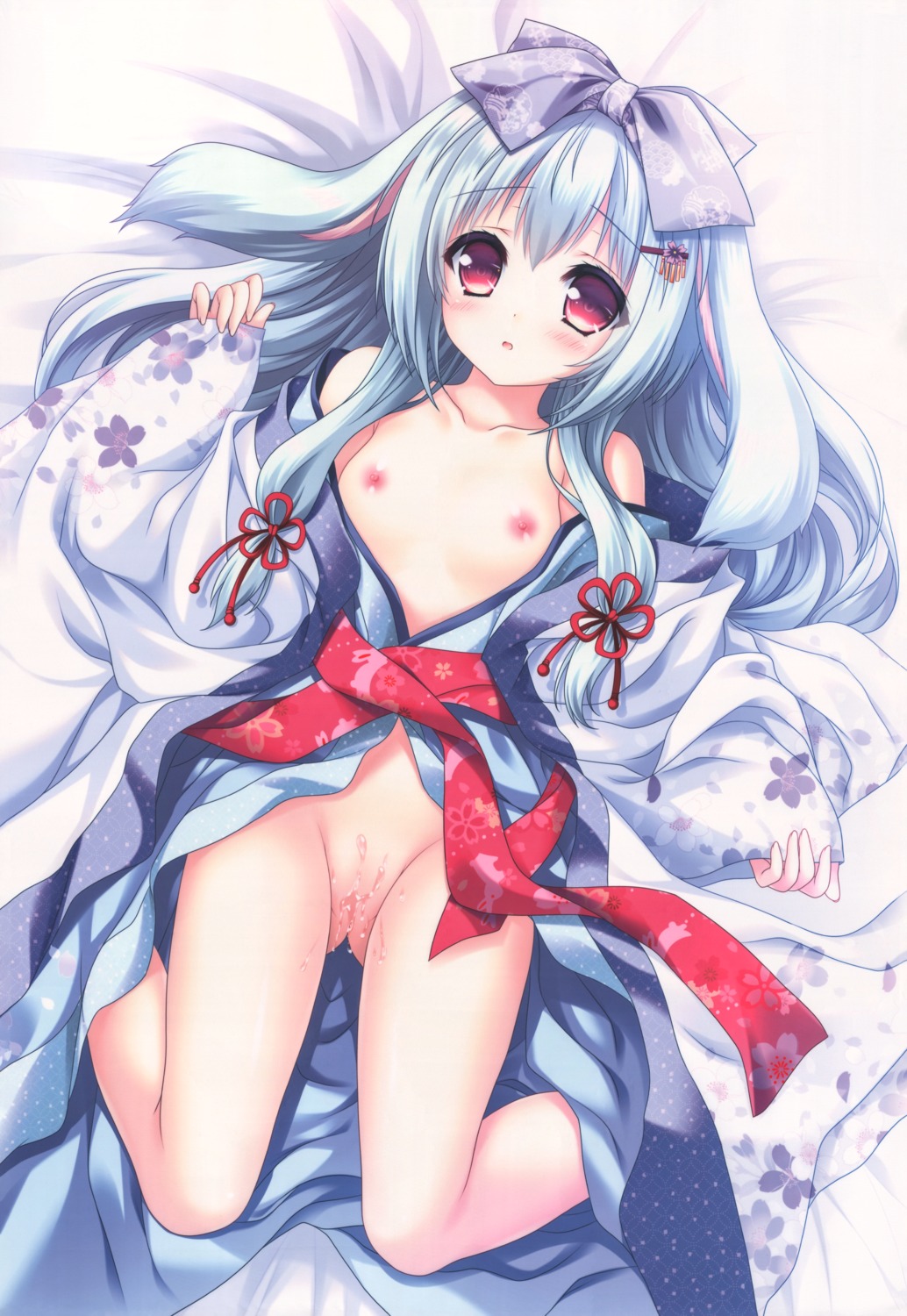animal_ears breasts bunny_ears kimono lump_of_sugar moekibara_fumitake nipples no_bra nopan open_shirt pussy_juice raw_scan skirt_lift tarumi_konoha yorite_konoha_wa_kurenai_ni