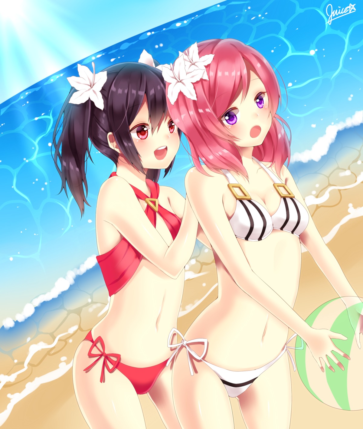 bikini cleavage love_live! nishikino_maki pirumjuice swimsuits yazawa_nico