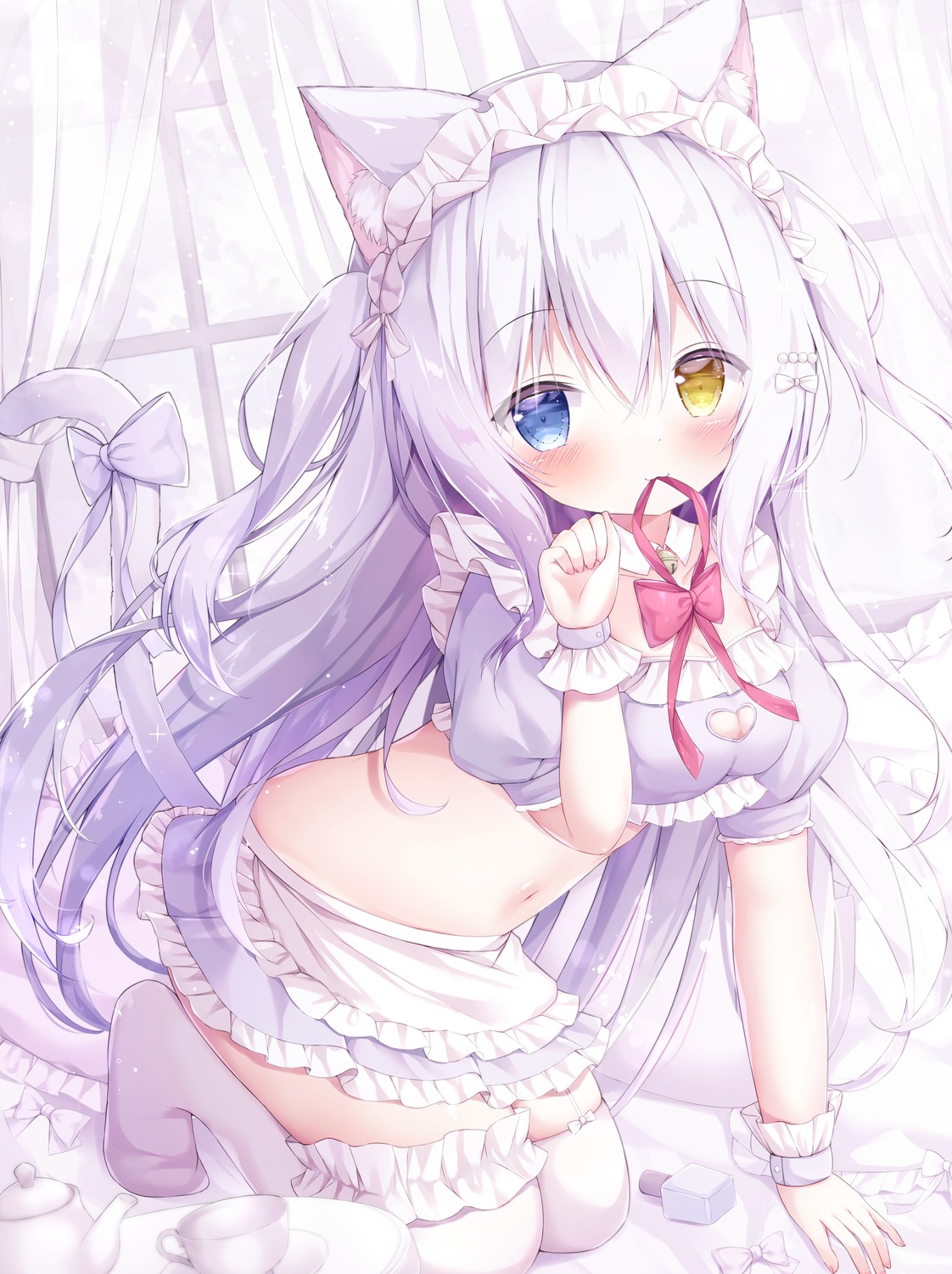 animal_ears heterochromia maid nekomimi stockings tail thighhighs yuduki_chii