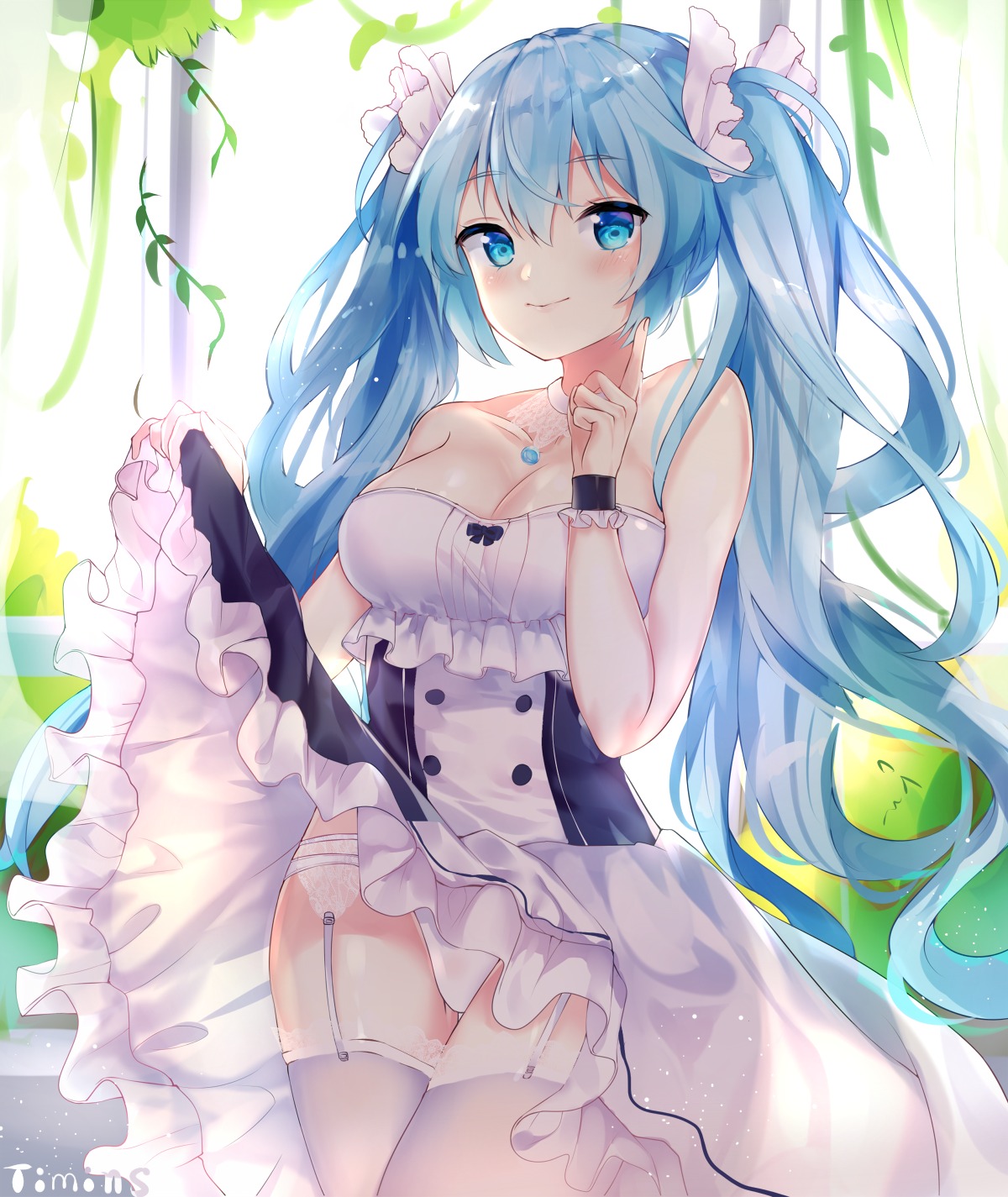 cleavage dress garter_belt hatsune_miku pantsu skirt_lift stockings thighhighs timins vocaloid