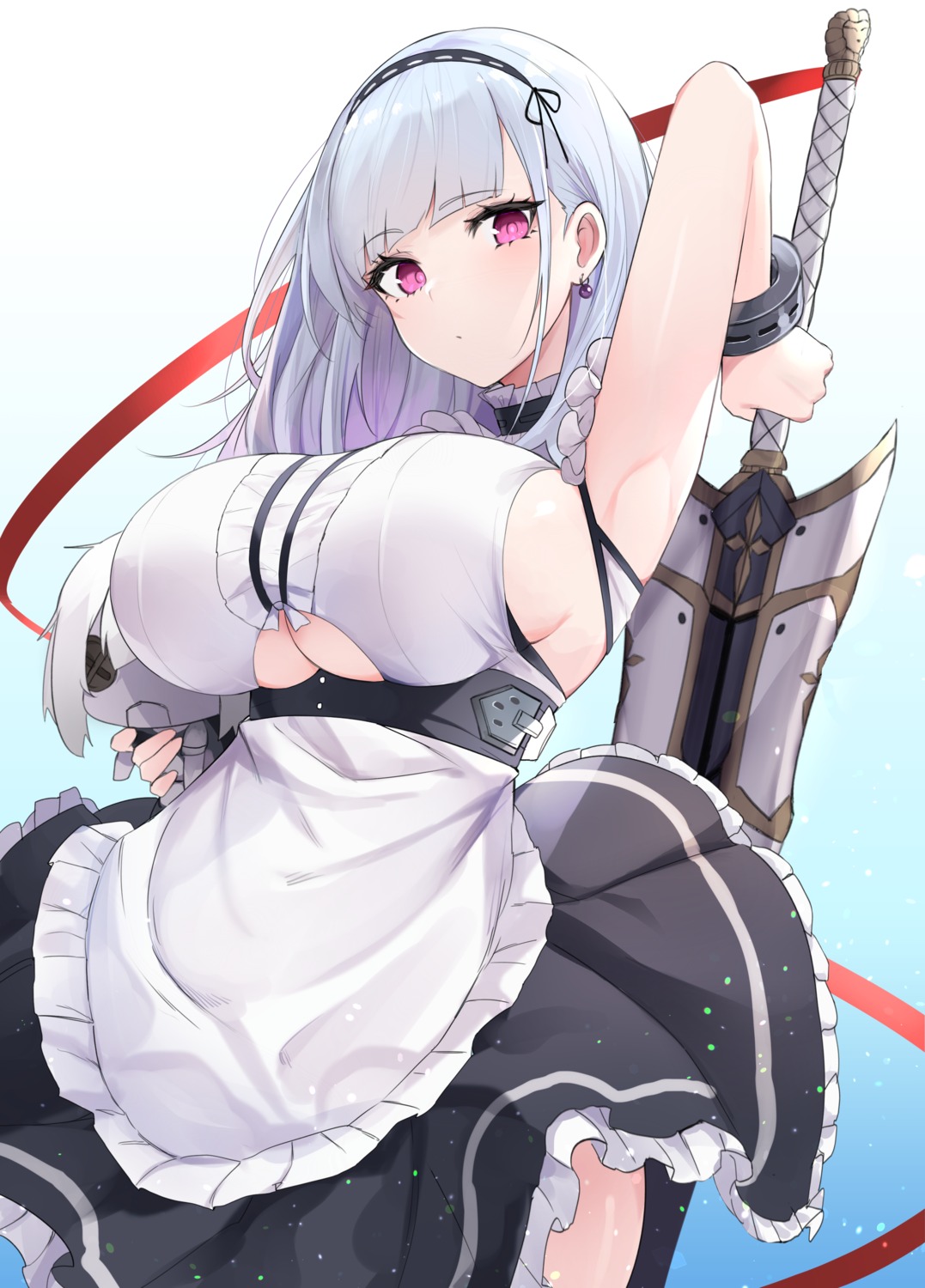 azur_lane chibi dido_(azur_lane) maid mengda no_bra skirt_lift sword