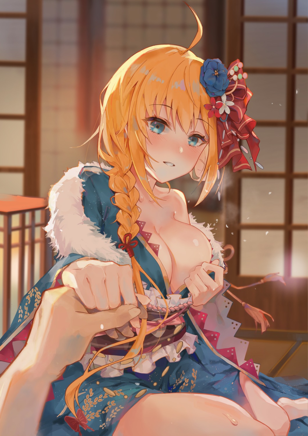 fang_qiao kimono no_bra open_shirt pecorine princess_connect princess_connect!_re:dive undressing